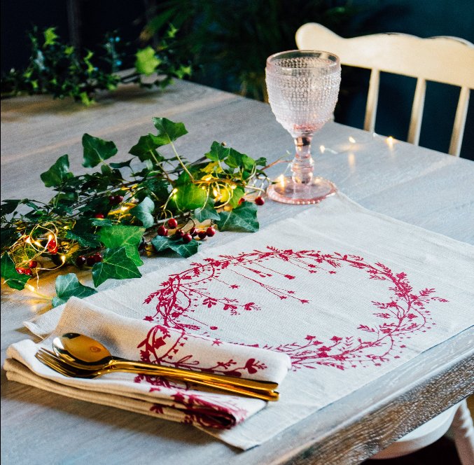 Natural Linen Placemats with festive wreath design picked out in red ink - Helen Round