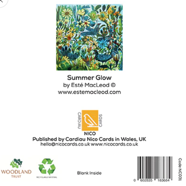 Back cover of a card deck box titled 'Summer Glow' by Esté MacLeod, showing a colorful floral and bird illustration, Nicco Cards branding, Woodland Trust logo, recycling symbol, and barcode on a white background.