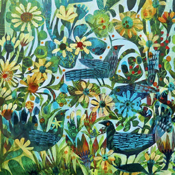 A colorful floral and bird pattern artwork featuring blue birds among green leaves and yellow, orange, and white flowers on a light background.