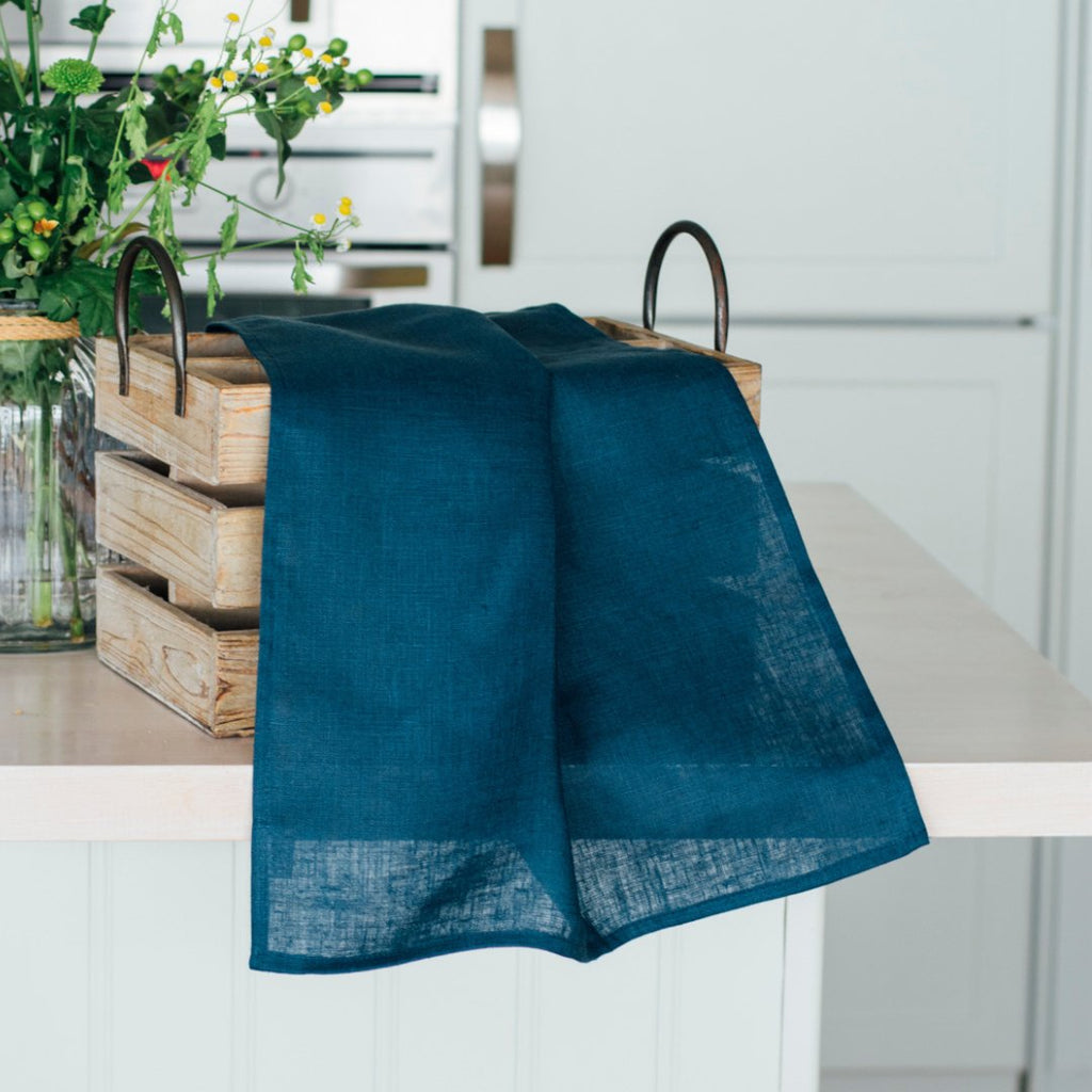 Pre-washed Navy Blue Linen Tea Towel, plain with no printing, sold in set of four from Helen Round