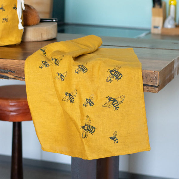 Bee Mustard Linen Tea Towel from the Honey Bee Collection by Helen Round