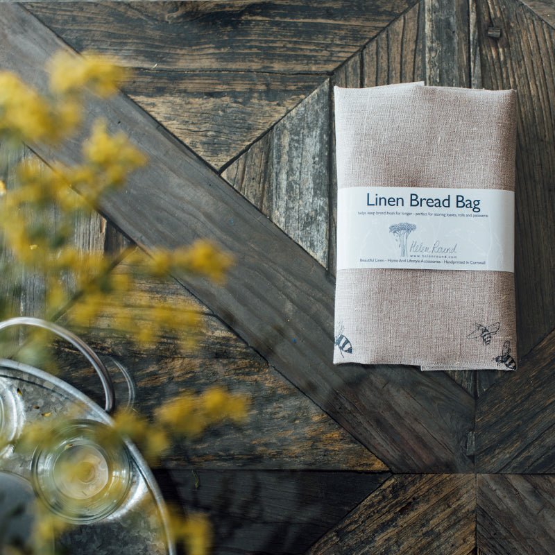 Packaging for Bee Linen Bread Bag, part of the Breadmakers Bundle from the Honey Bee Collection by Helen Round