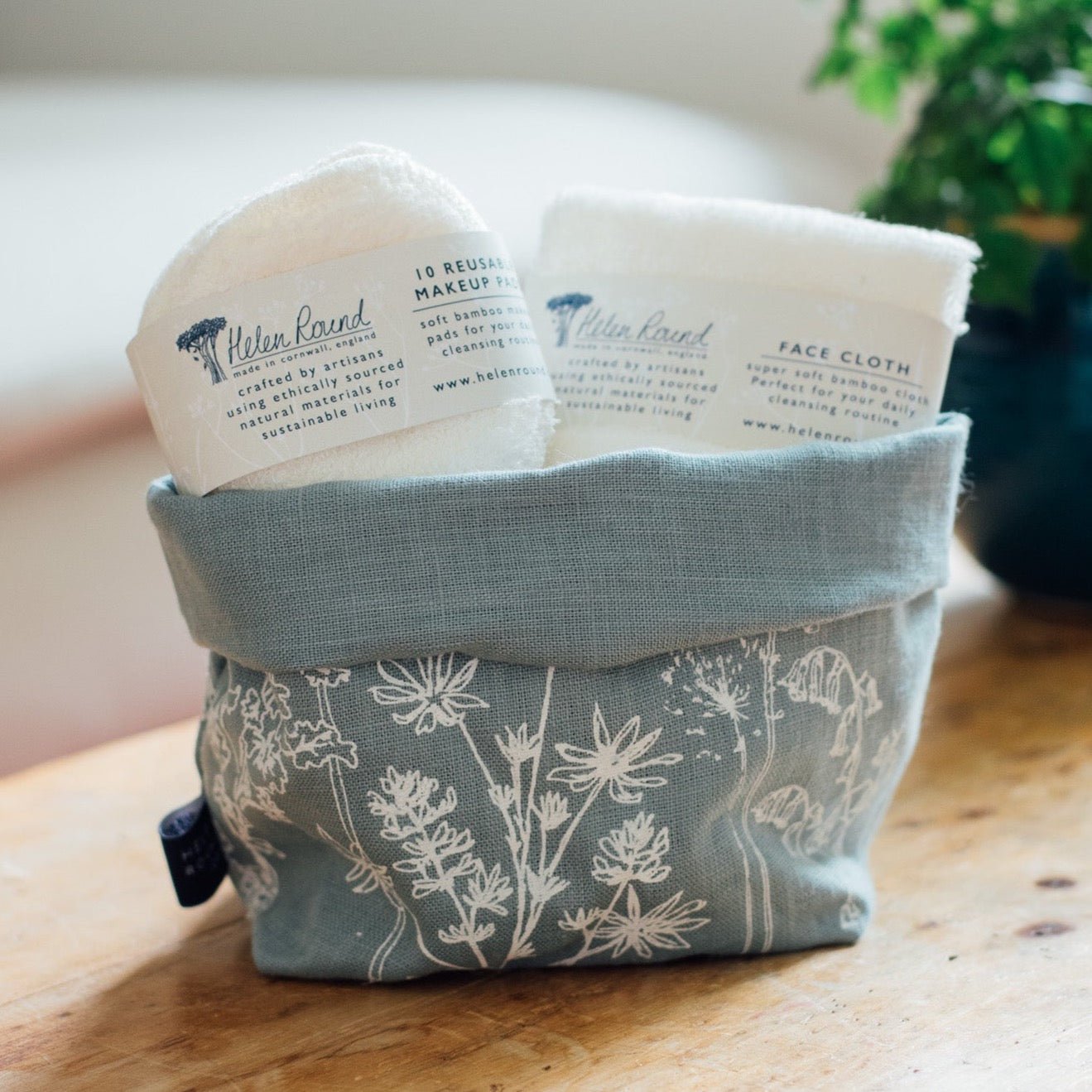 Eco Bathroom Gift Set with duck egg linen storage pot, bamboo face cloth and makeup wipes