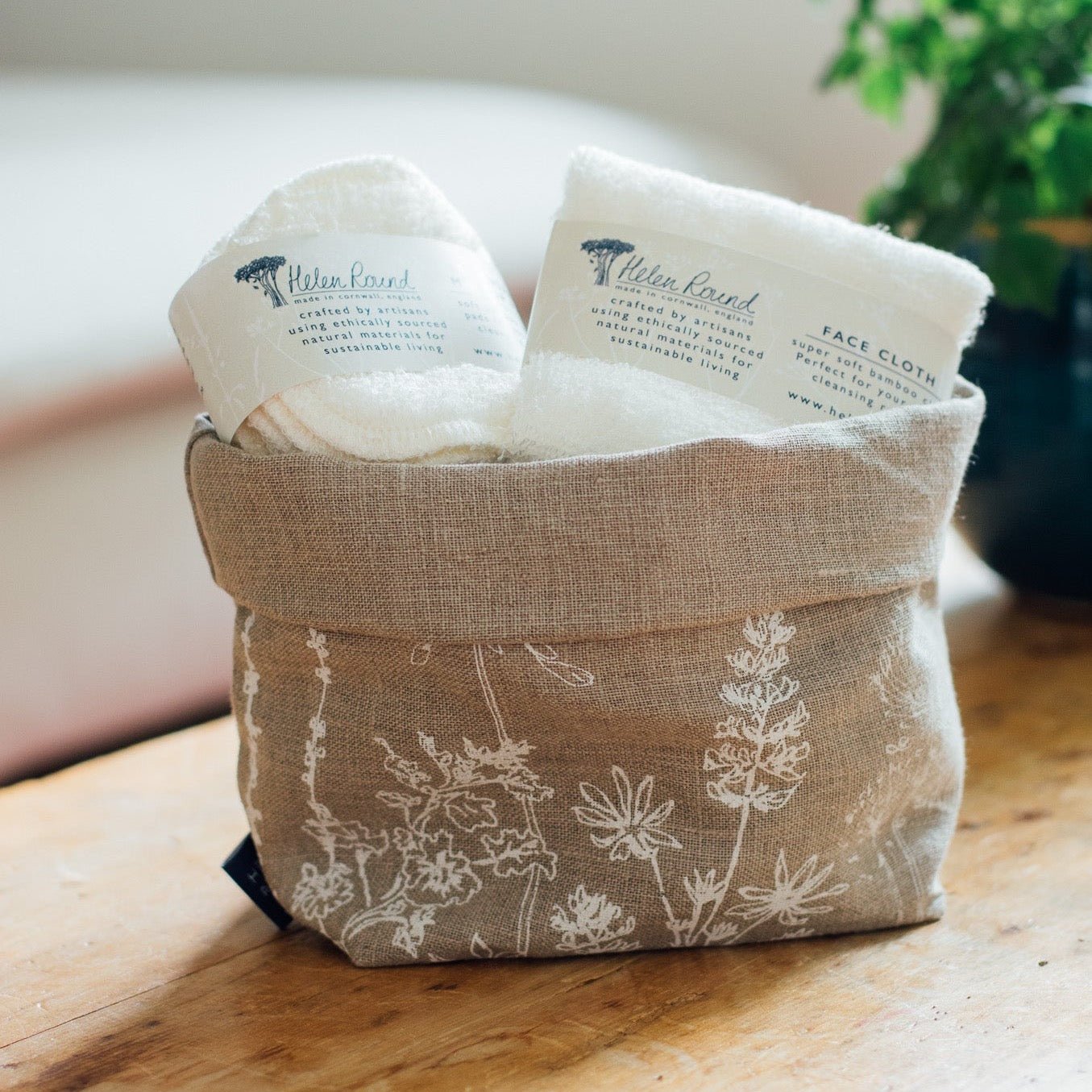Eco Bathroom Gift Set with natural linen storage pot, bamboo face cloth and makeup wipes