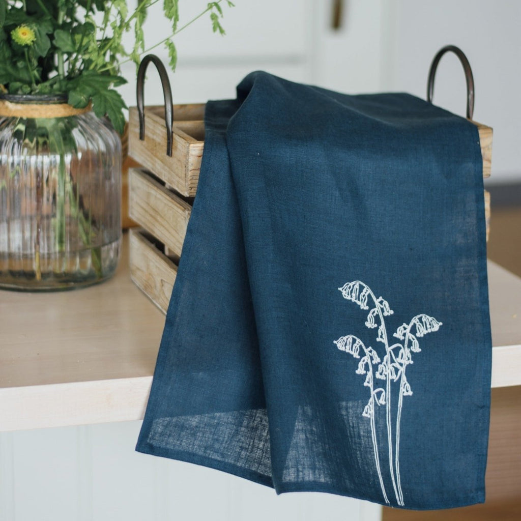 Navy Blue Linen Tea Towel Bluebell Design