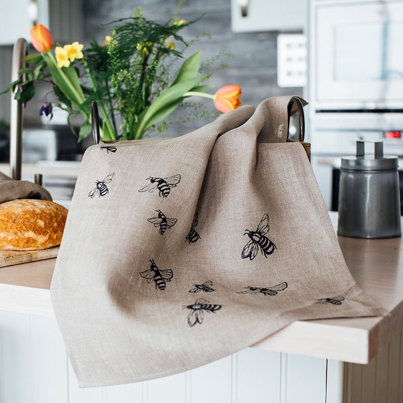 Natural Linen Bee Tea Towel with Bees from the Honey Bee Collection by Helen Round