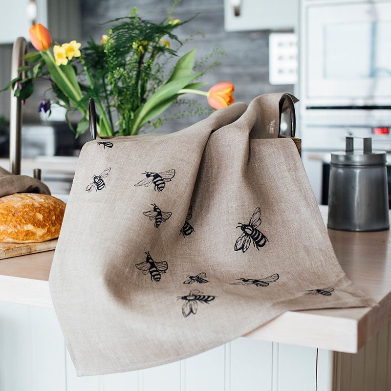 linen bee tea towel with bees