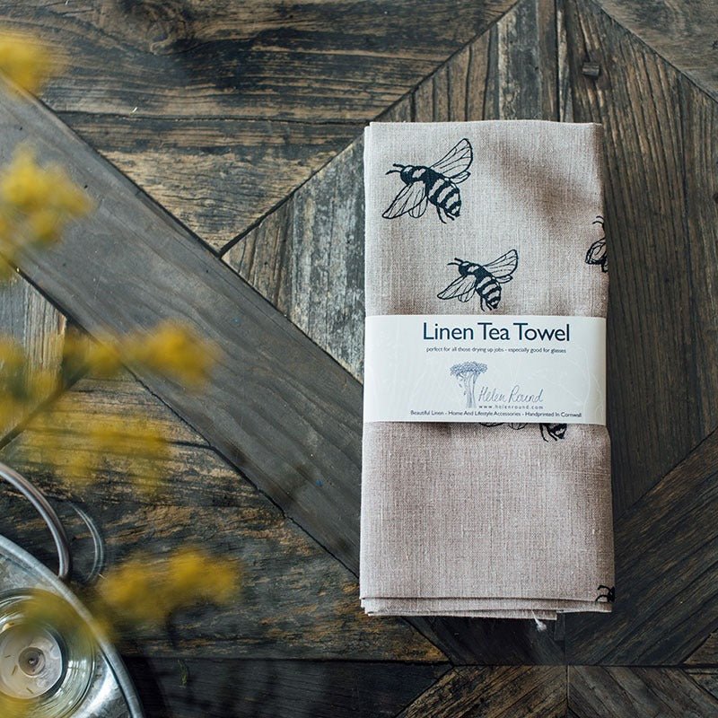 natural linen bee tea towel with bee design