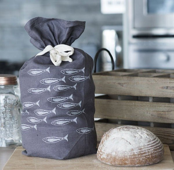Eco Linen Bread Bag in grey with fish