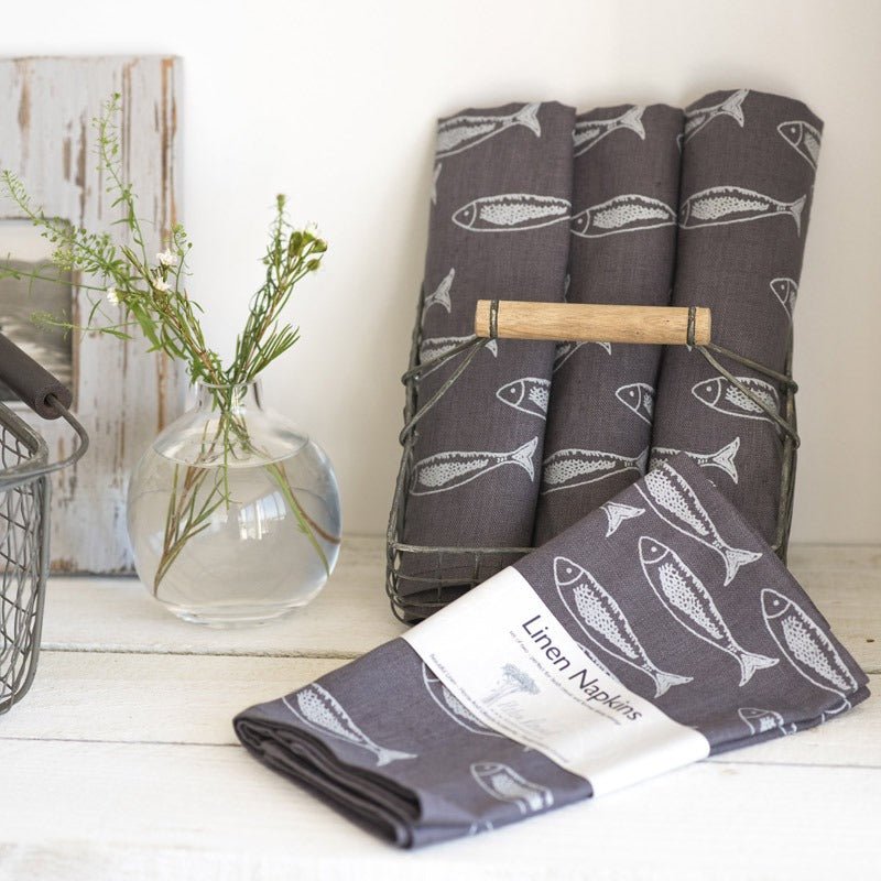 linen fish napkins slate grey fish design hand printed set of two