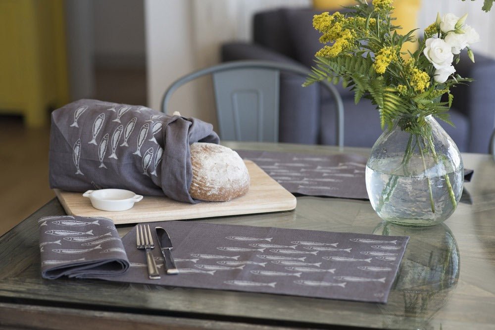 fish placemat, grey linen eco bread bag slate grey fish napkin
