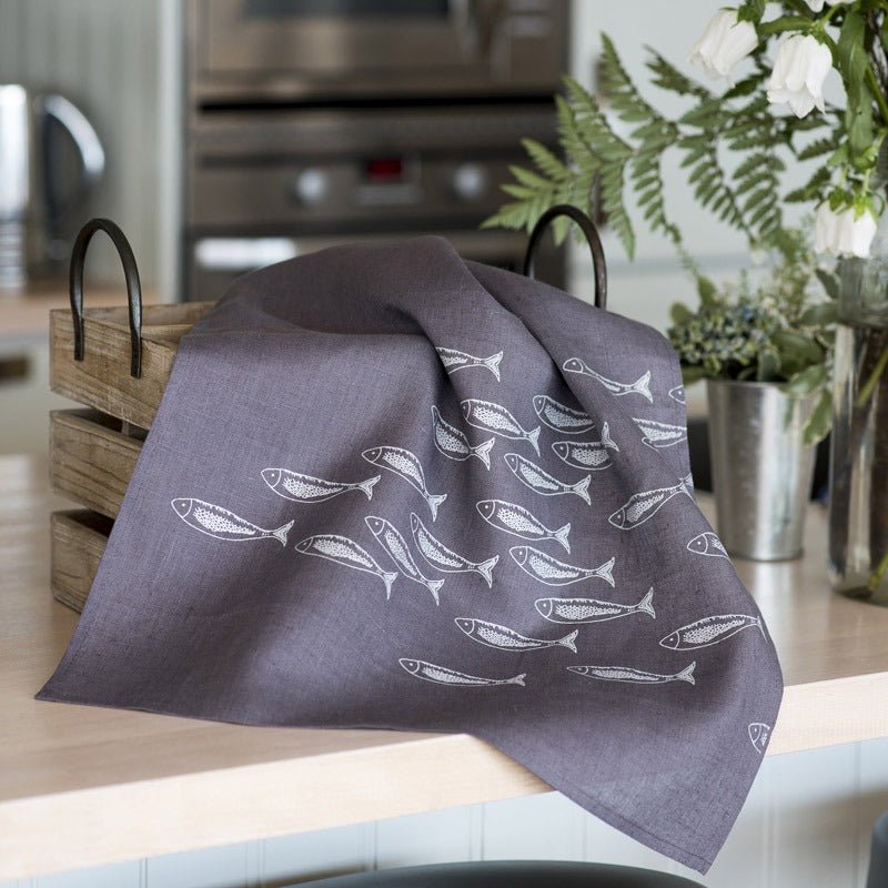 linen fish tea towel slate grey silver fish