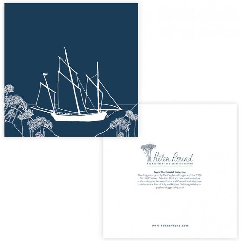 Dark blue card, with Cornish lugger picked on in white surrounded by agapanthus, blank inside for your message, recyclable, chlorine free, FSC certified from the Coastal Collection by Helen Round