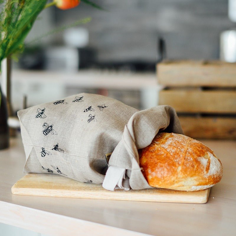 natural linen bee bread bag with bees