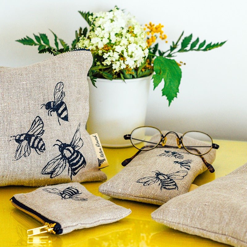 fabric bee glasses case in natural linen bee design