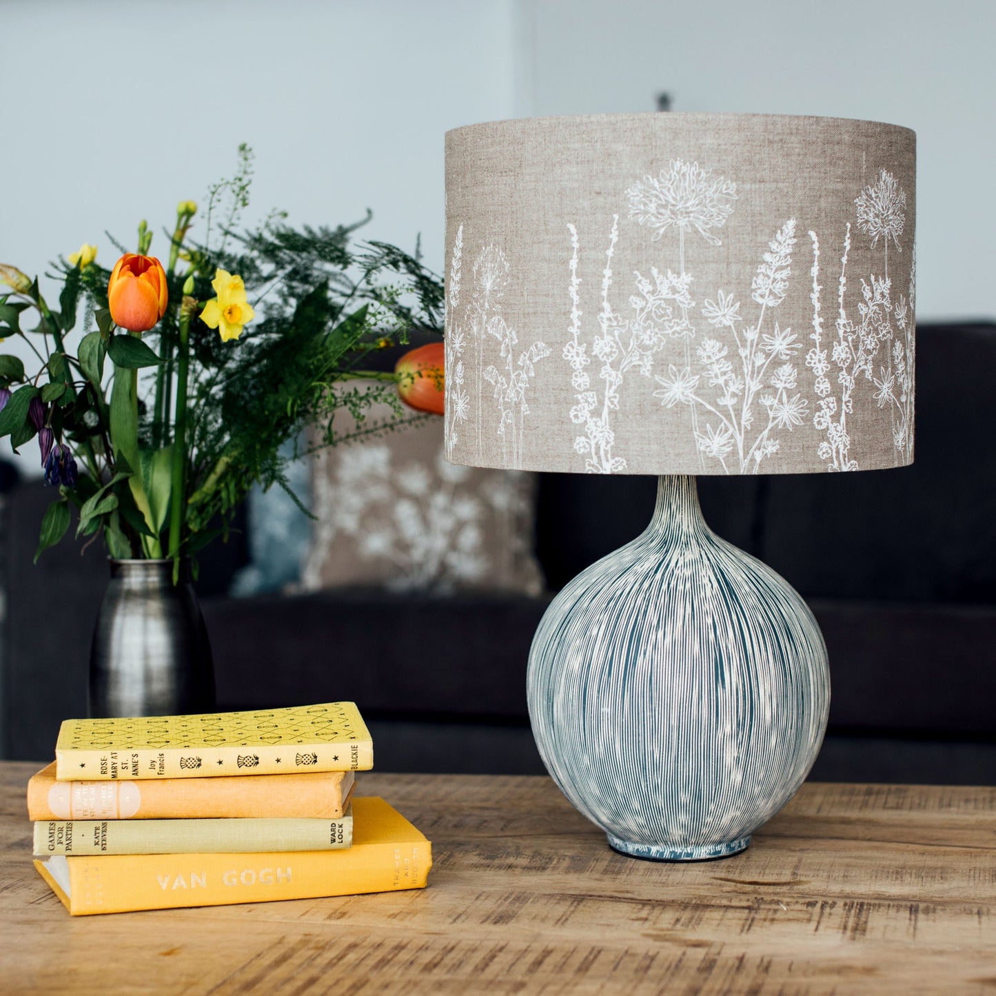 linen lampshade - natural floral 30cm drum 
