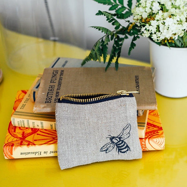 natural linen bee coin purse with velvet lining bee print