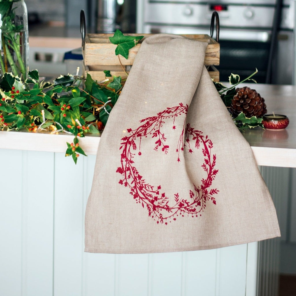 christmas tea towel natural linen holly ivy design