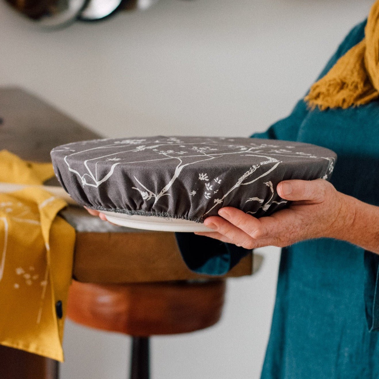 Large Linen bowl cover in slate grey with white hedgerow print