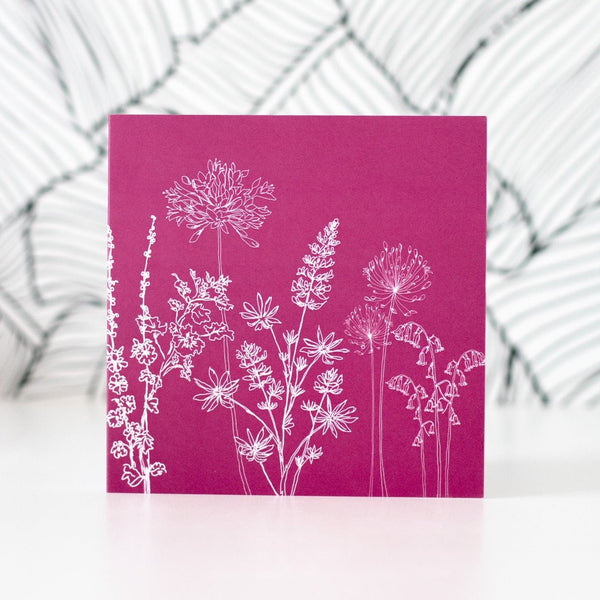 Greetings Card, Raspberry Red with a design of hand drawn garden flowers from the Garden Collection by Helen Round