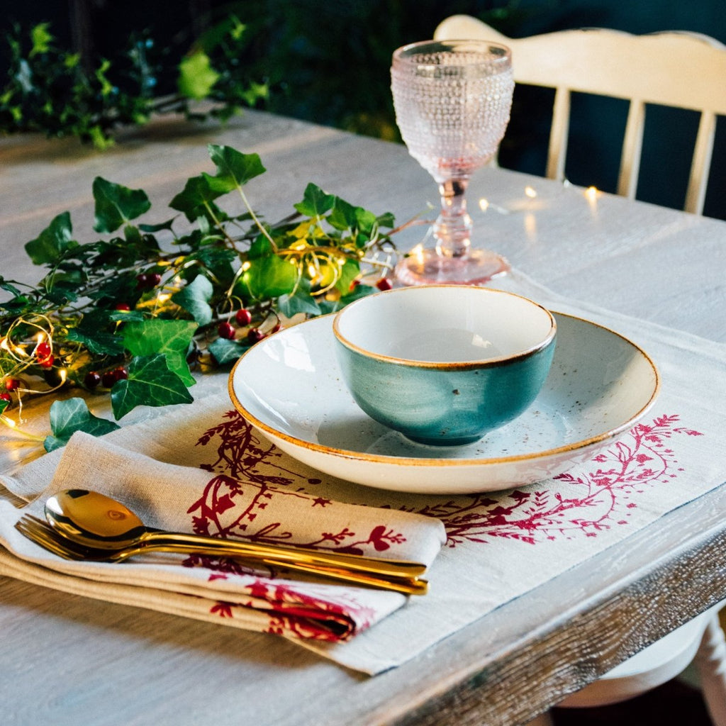 natural linen Christmas placemat and napkin with holly and ivy design