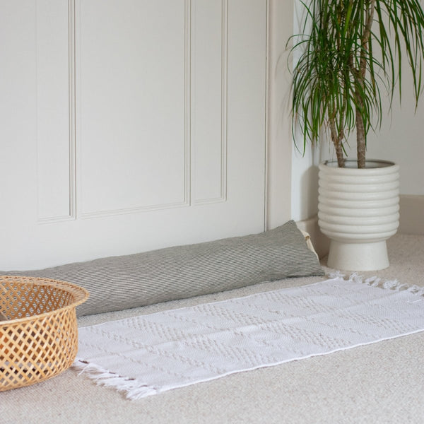 Striped Linen Draught Excluder in Natural/Navy Fine Stripes from the Striped Collection by Helen Round