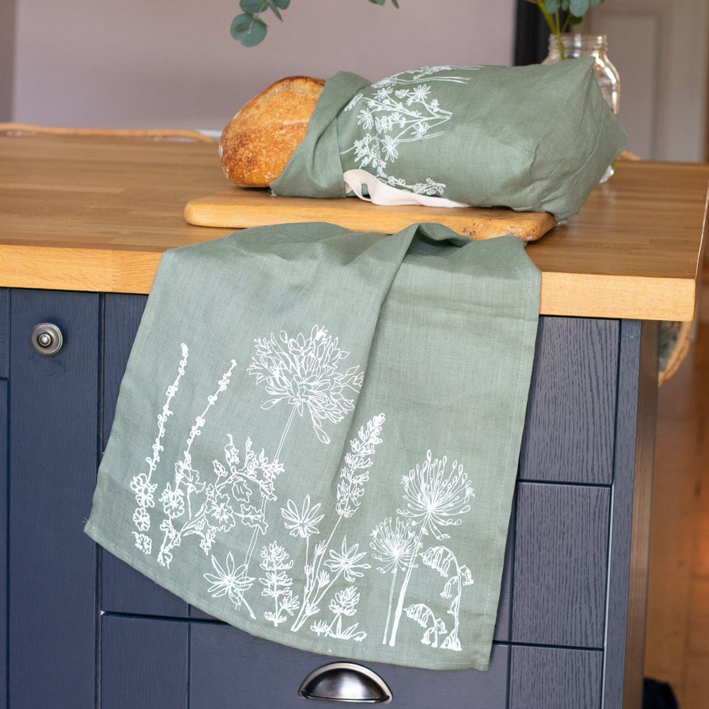 Sage Green Linen Tea Towel from the Garden Collection By Helen Round