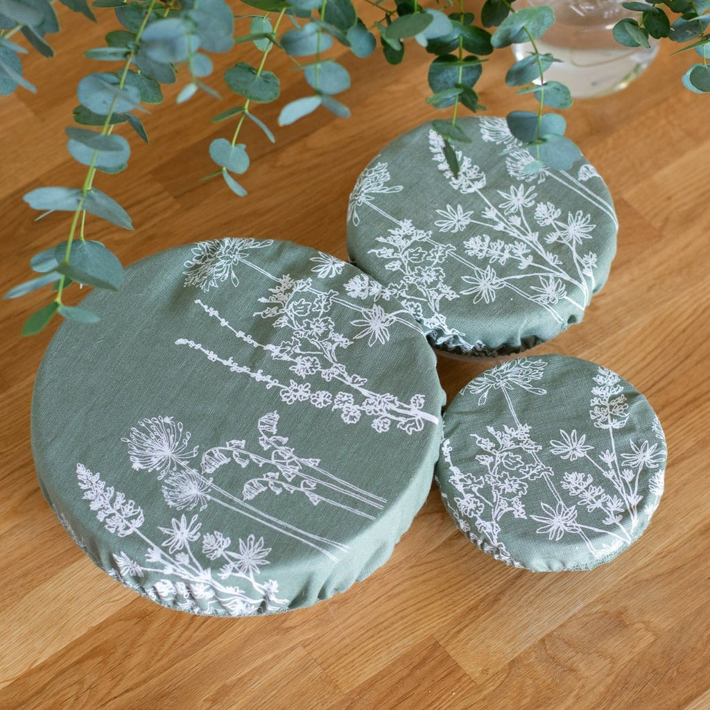 Set of Three Sage Green Linen Reusable Bowl Covers from the Garden Collection by Helen Round 