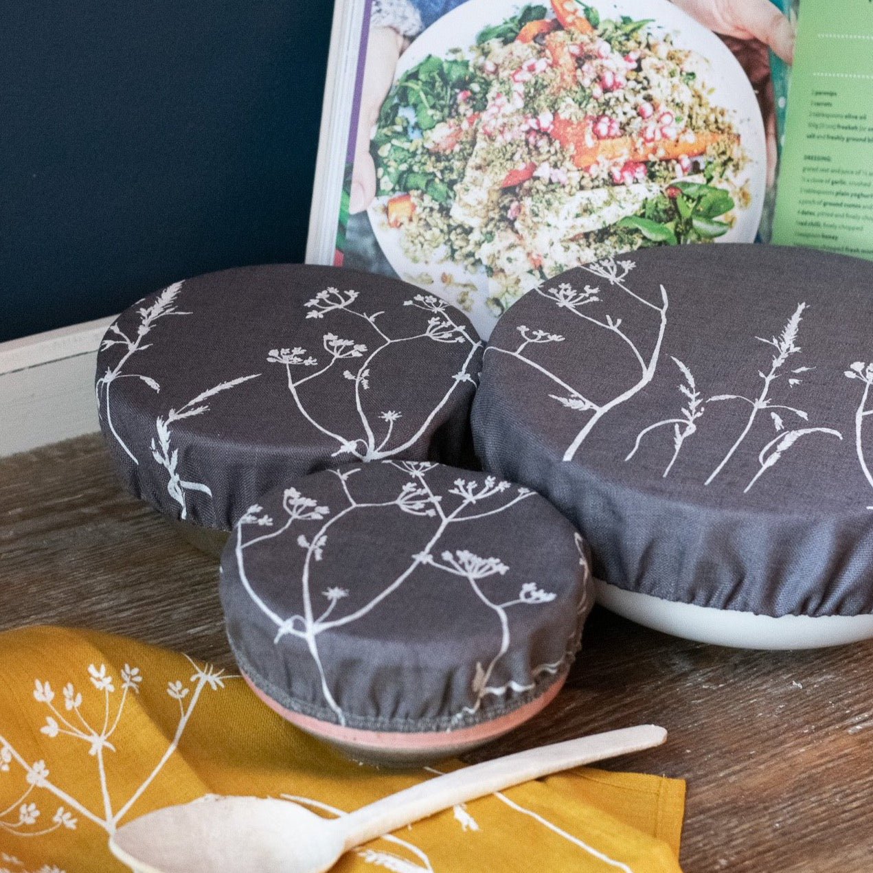 Slate Grey Reusable Bowl Covers Hedgerow Print