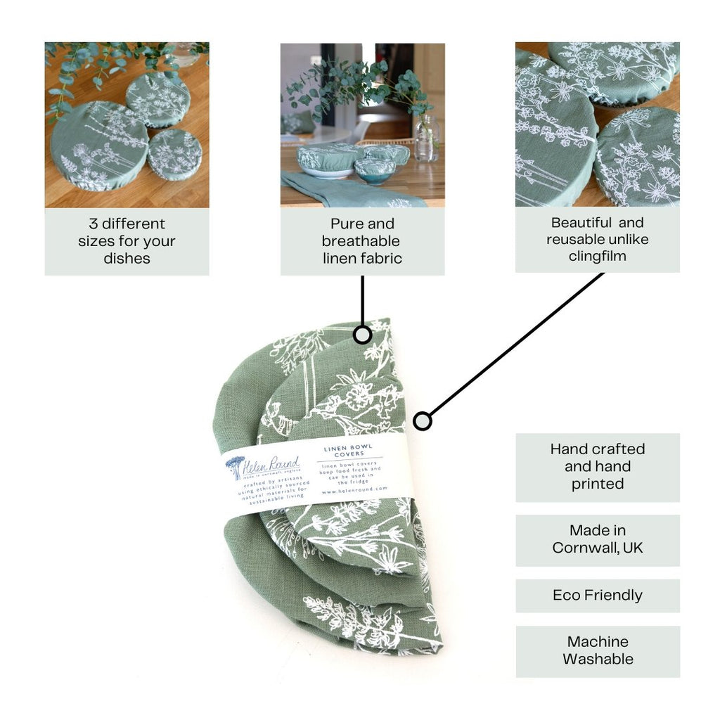 Infographic of Set of Three Sage Green Linen Reusable Bowl Covers from the Garden Collection by Helen Round 