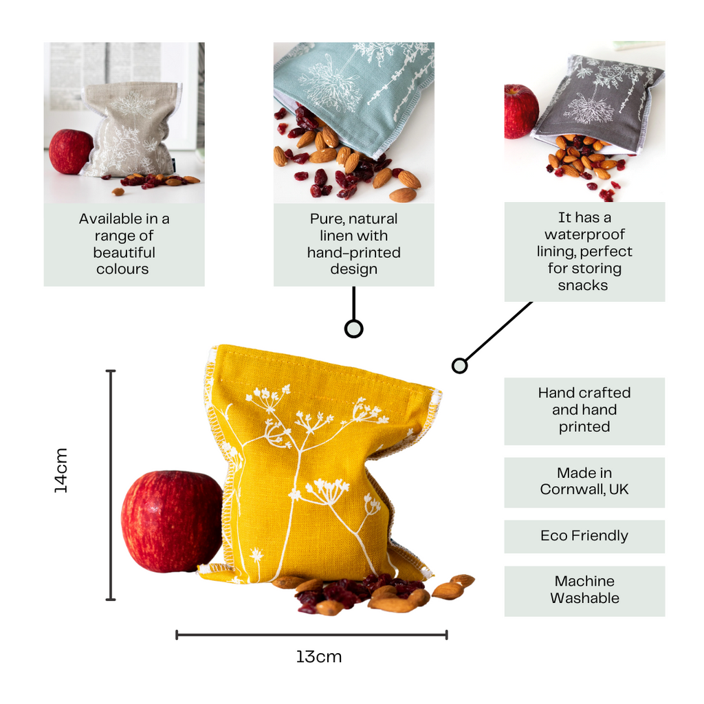 reusable linen snack bag with waterproof lining infographic
