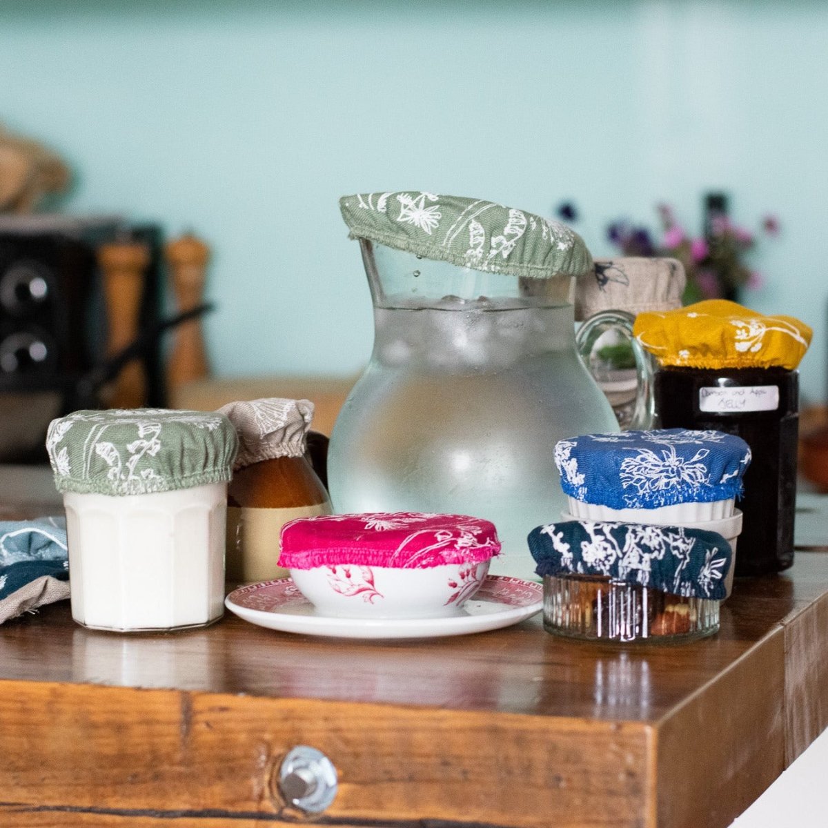 Set of 10 Small Reusable Linen Bowl Covers for jugs, jars by Helen Round