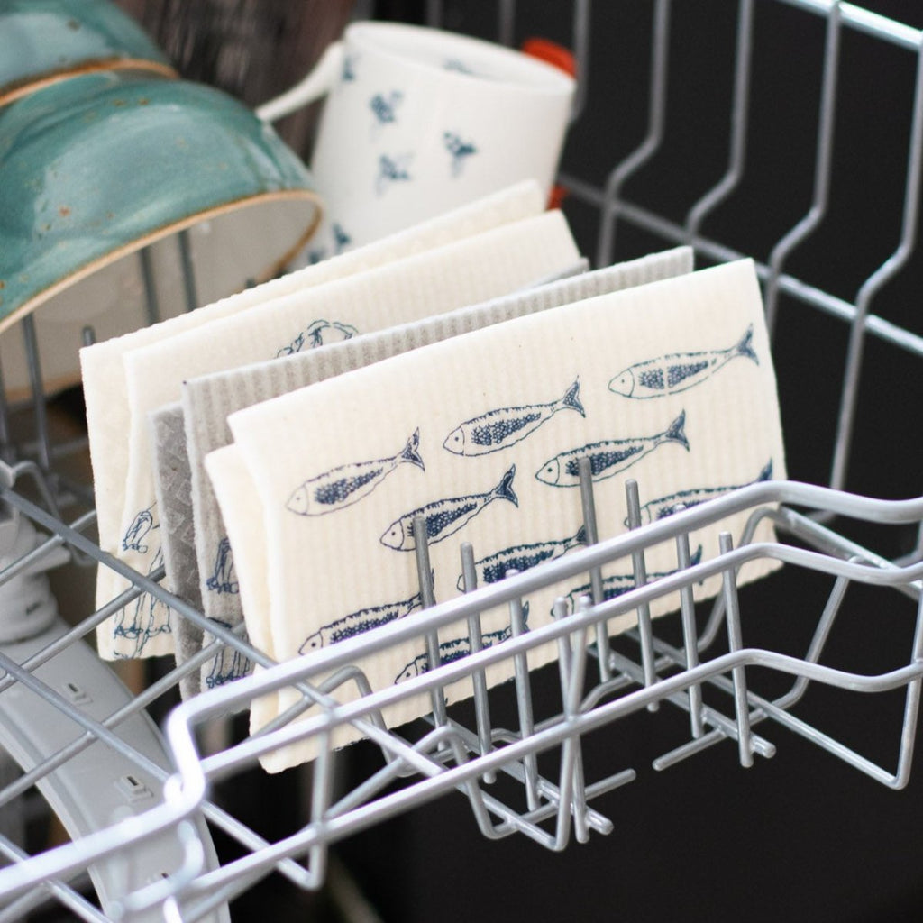 Fish design Eco Kitchen Sponge Cloth, fully composable from the Quayside Collection by Helen Round