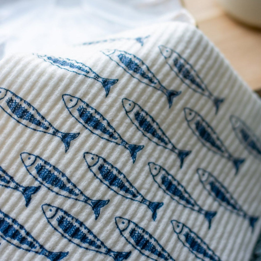 Close up of Fish Design on Eco Kitchen Sponge Cloth from the Quayside Collection by Helen Round