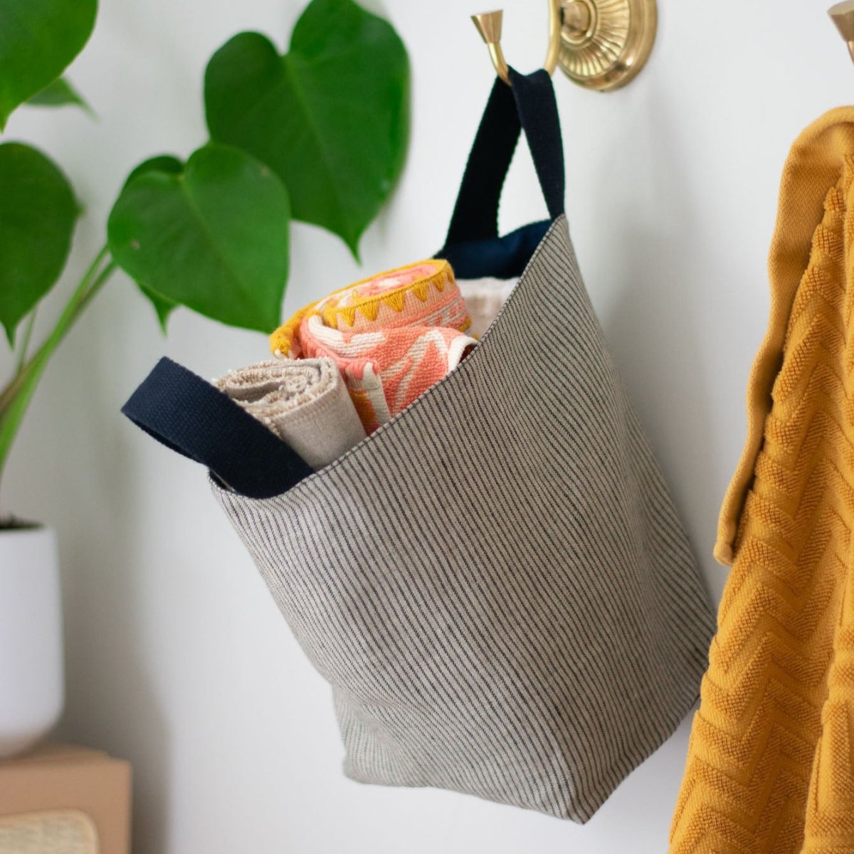 Large Striped Linen Storage Pot with Web Handles for Kitchen Towels by Helen Round
