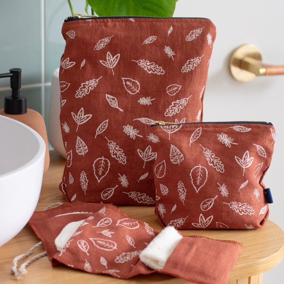 Linen Toiletry Bag with Leaf Design - Helen Round - Bags