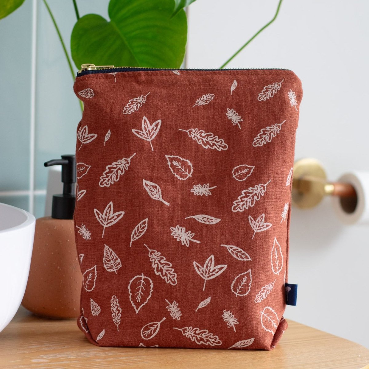 Linen Toiletry Bag with Leaf Design - Helen Round - Bags