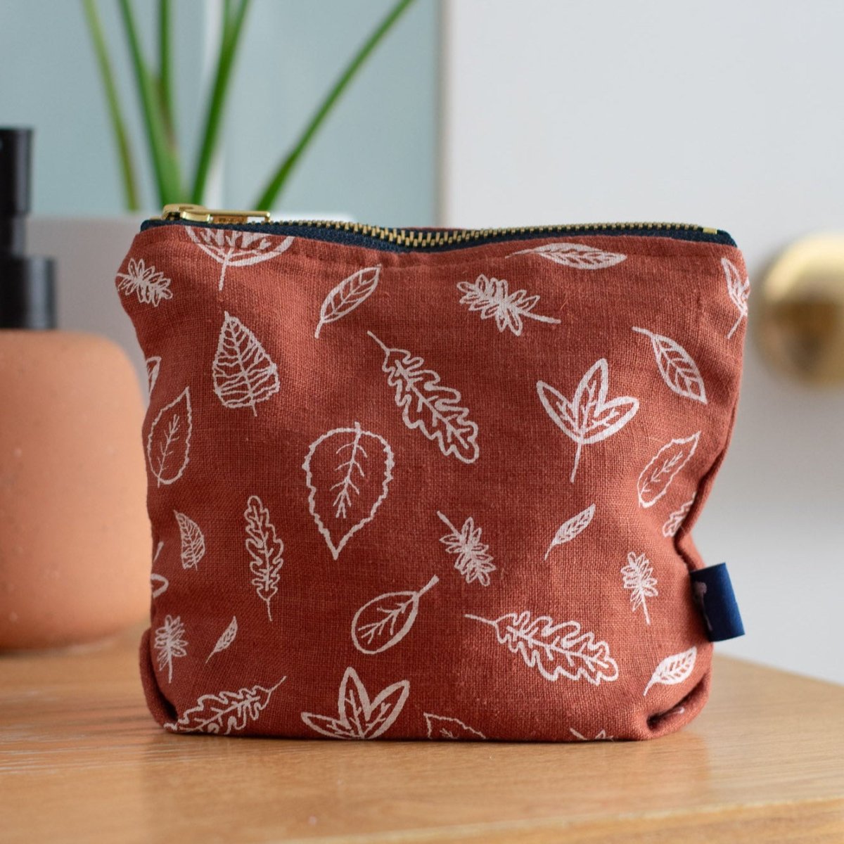 Linen MakeUp Bag with Leaf Design - Helen Round - Bags