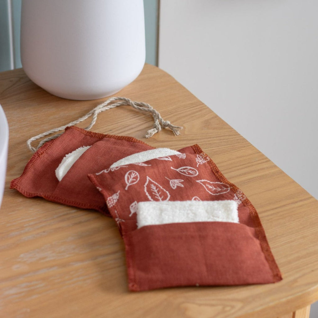 Rust Coloured Linen with Leaf Design on Reusable Bamboo Face Wipes Kit from Helen Round
