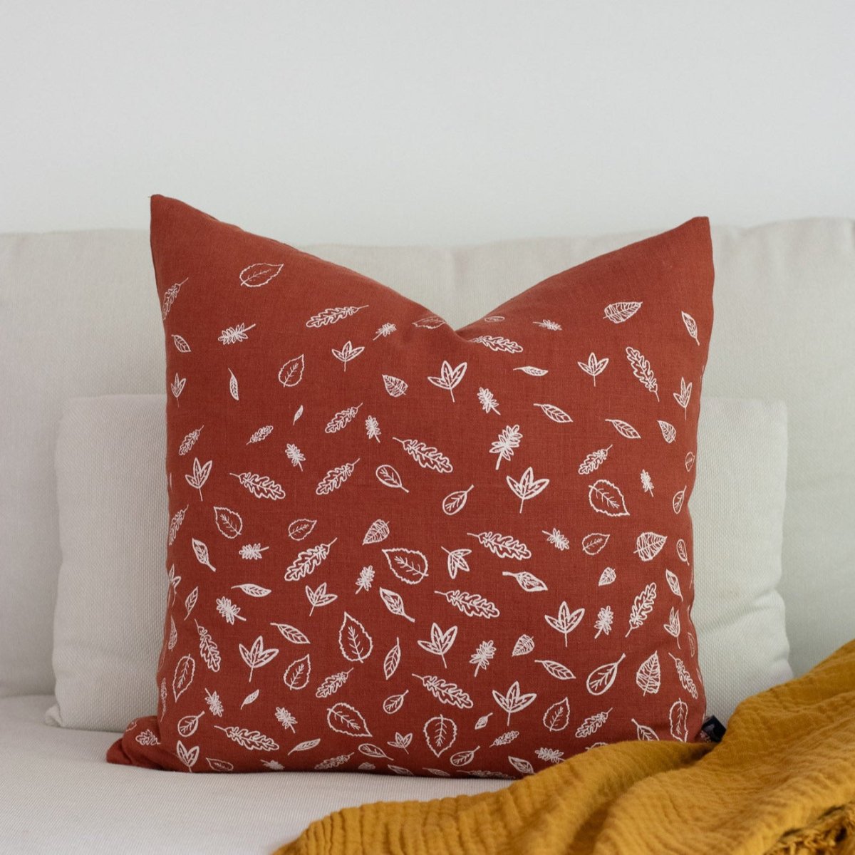 Linen Cushion with Hand Printed Leaf Design - Helen Round - Cushion With Feather Pad - Christmas