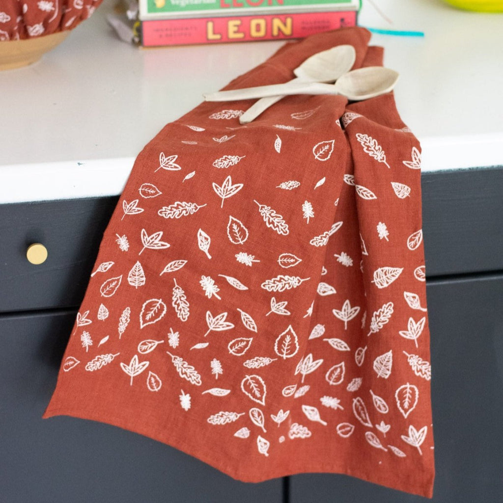 Rust Leaf Linen Tea Towel from the Leaf Collection by Helen Round
