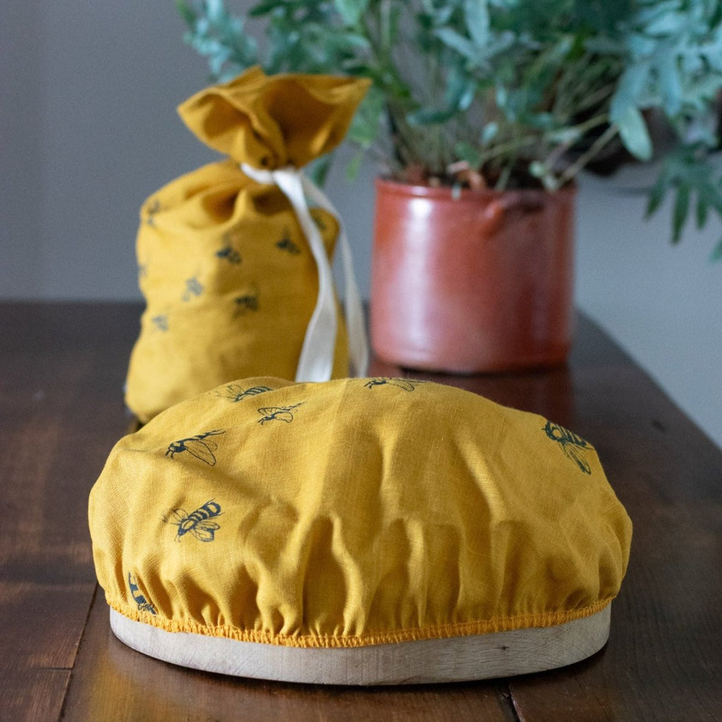 Large Reusable Linen Bowl Cover in Mustard Linen with Bee Design from the Honey Bee Collection by Helen Round