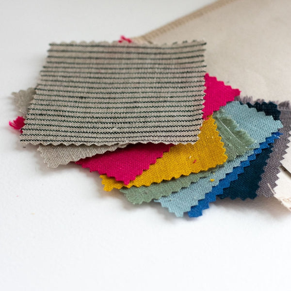 Fabric Samples Pack with 9 100% linen colours and blue/white ticking sample from Helen Round