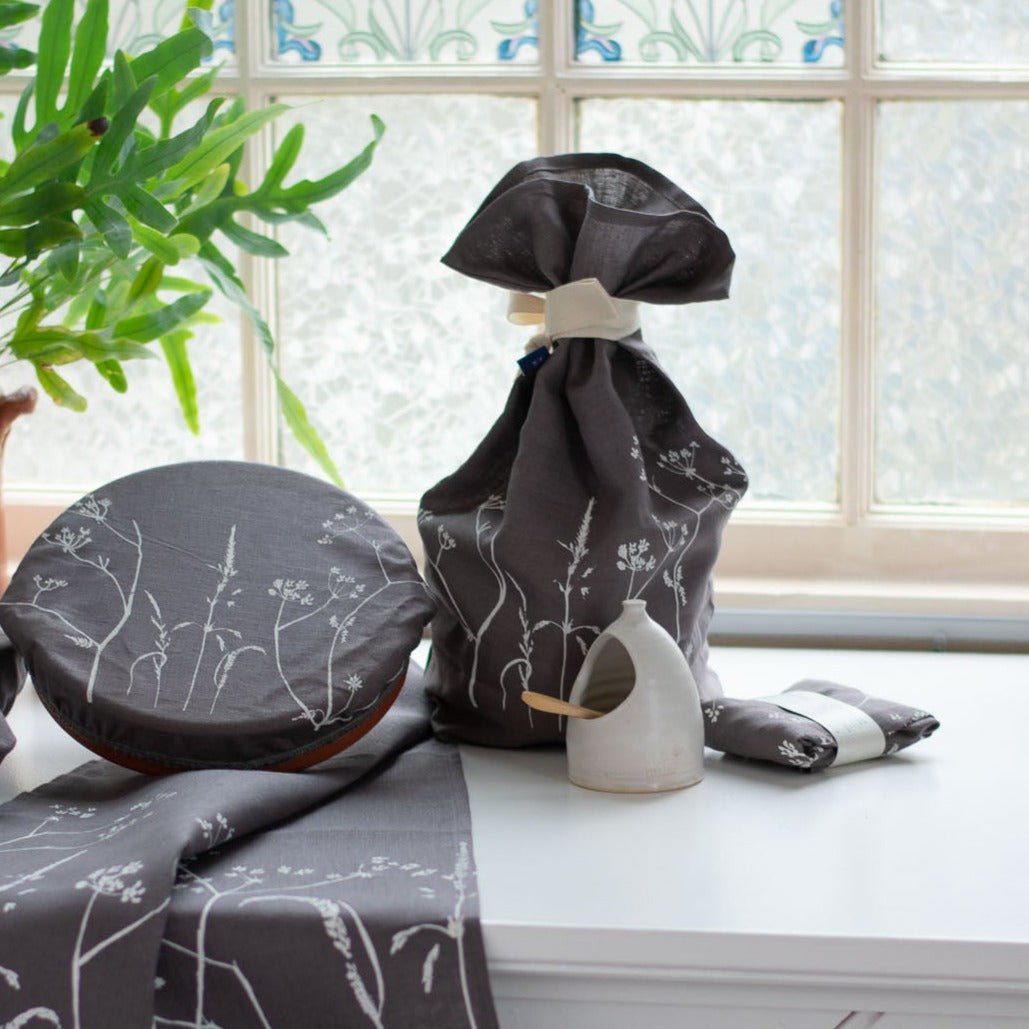 Hedgerow Bread Makers Bundle which includes Large Slate Grey Linen Bowl Cover and Bread Bag  from Helen Round
