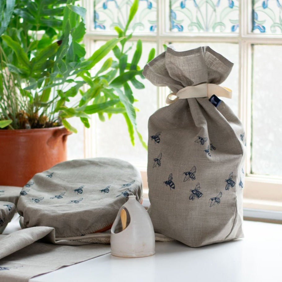 Linen Bread Makers Bundle with Bee Design, including Bread Bag and Large Bowl Cover from the Honey Bee Collection by Helen Round