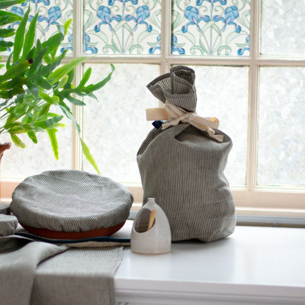 Striped Large Linen Reusable Bowl Cover and Linen Bread Bag - the Striped Breadmakers Bundle from Helen Round