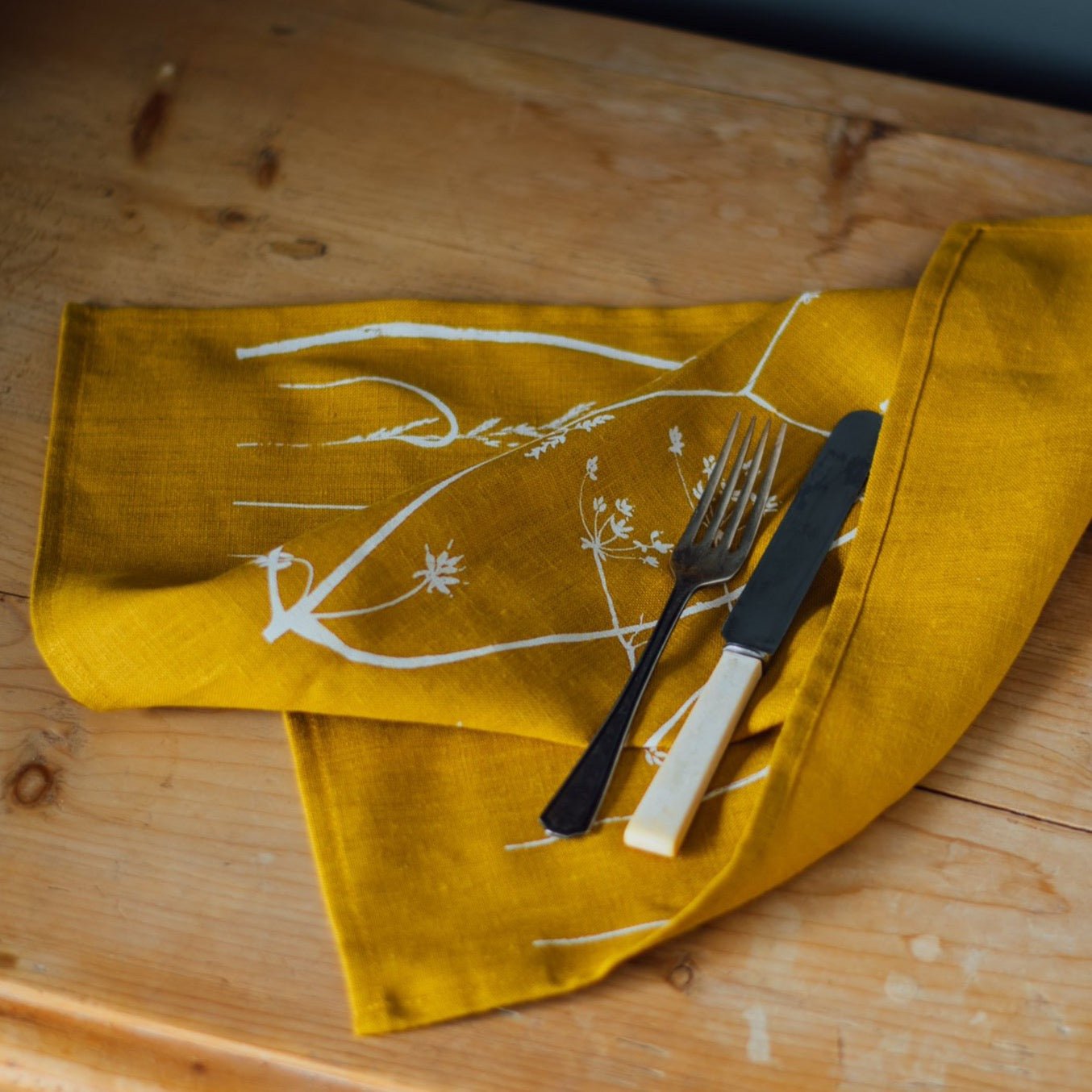 Set of two Mustard Screen Printed Linen Napkins