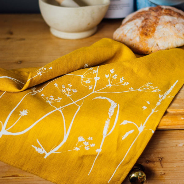 Mustard Linen Tea Towel Hedgerow Print