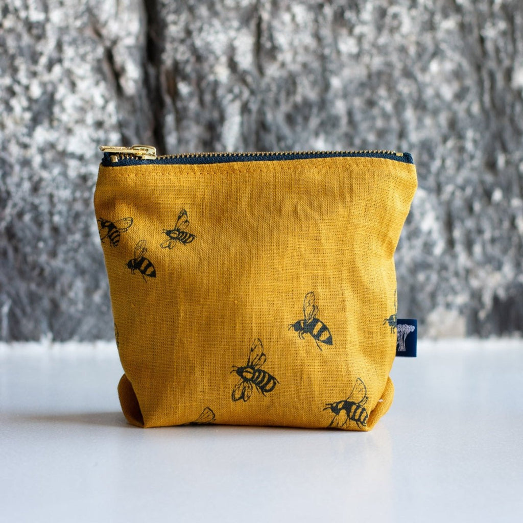 Bee Design on Mustard Linen Makeup Bag from the Honey Bee Collection by Helen Round