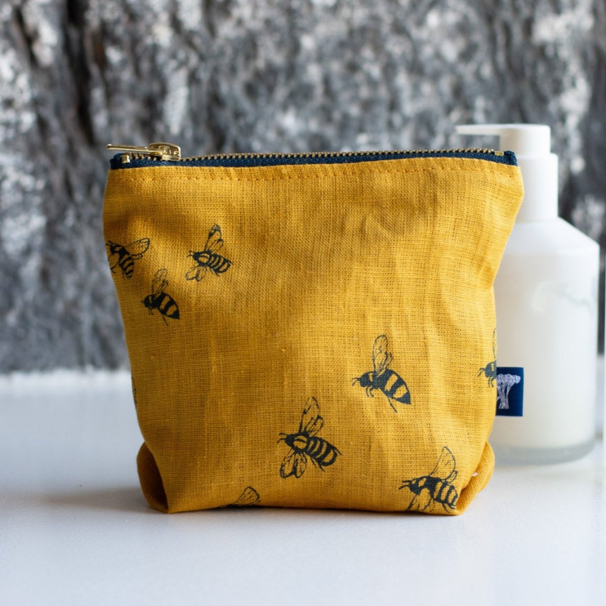 Mustard Linen Makeup Bag with Bee Design from the Honey Bee Collection by Helen Round